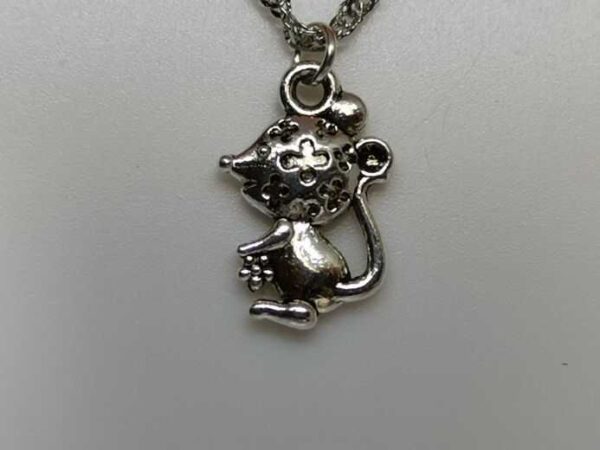 A Simple Bracelet with a Double Sided Cute Mouse / Rat Silver Coloured Pendant on a Sterling Silver Water Wave Chain - Image 2