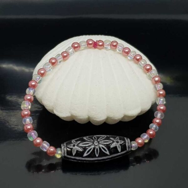 Bracelet with Small Pale Pink and White Beads with a Black and Grey Bead - Image 2