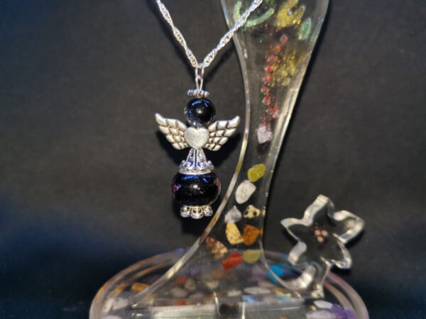 Sterling Silver Water Wave Necklace with Black and Pink Star Guardian Angel - Image 2