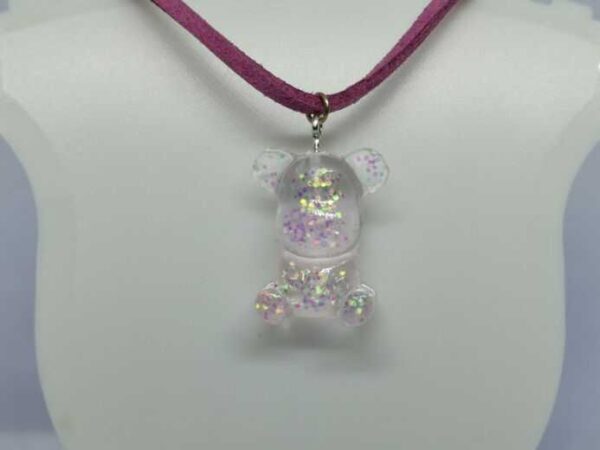 Cute Pink Glitter Jelly Baby Bear Pendant on a Pink Soft Leather Necklace