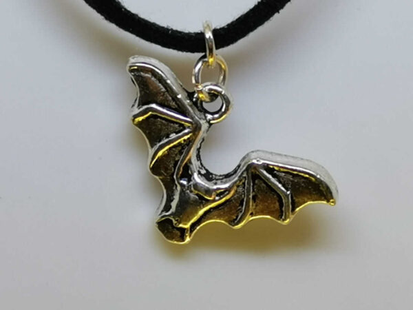 Silver Coloured Bat Pendant on Soft Black Leather / Suede Necklace - Image 2