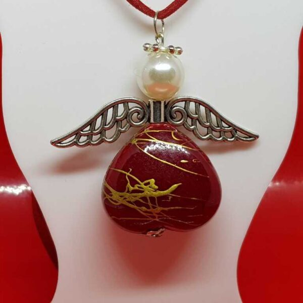 Over Sized Wine Red Soft Leather - Suede Necklace with Large Red Guardian Angel