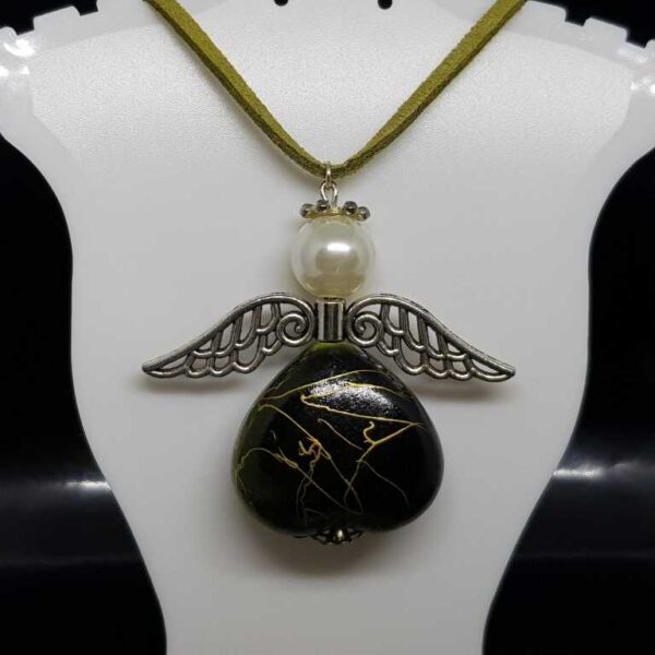 Over Sized Olive Green Soft Leather - Suede Necklace with Large Olive Green Guardian Angel