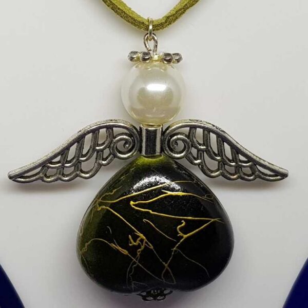 Over Sized Olive Green Soft Leather - Suede Necklace with Large Olive Green Guardian Angel - Image 2