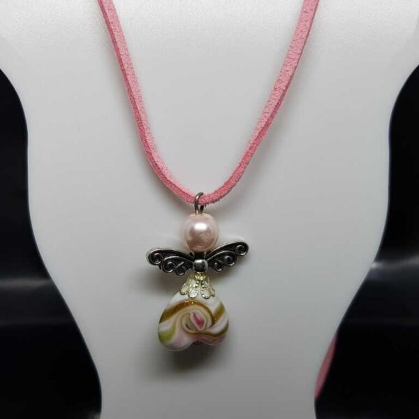 Baby Pink Soft Leather - Suede Necklace with Pink and White Guardian Angel