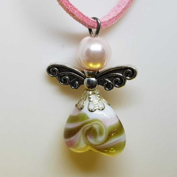 Baby Pink Soft Leather - Suede Necklace with Pink and White Guardian Angel - Image 2