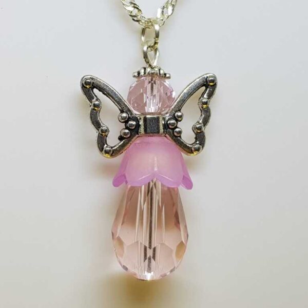 Sterling Silver Water Wave Necklace with Crystal Type Baby Pink Guardian Angel Pendant - Image 2