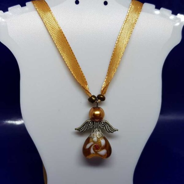 Gold - Tan Ribbon Necklace with Gold Coloured Guardian Angel - Image 2