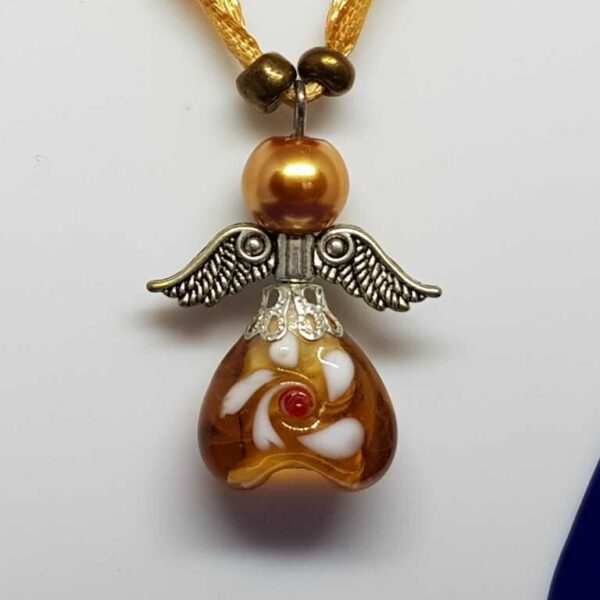 Gold - Tan Ribbon Necklace with Gold Coloured Guardian Angel - Image 3