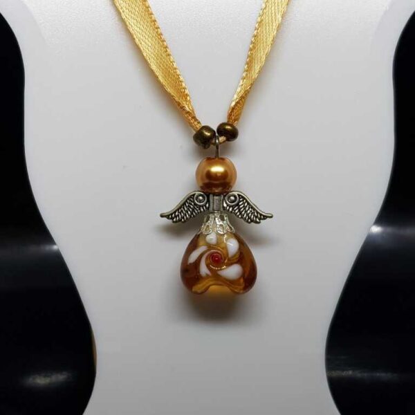 Gold - Tan Ribbon Necklace with Gold Coloured Guardian Angel