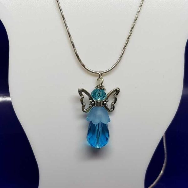 Sterling Silver Snake Chain Necklace with Turquoise Blue Crystal Type Angel Pendant