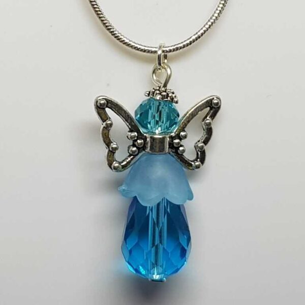 Sterling Silver Snake Chain Necklace with Turquoise Blue Crystal Type Angel Pendant - Image 2