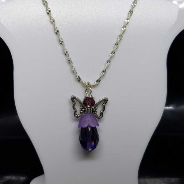 Sterling Silver Double Water Wave Necklace with Purple Crystal Type Angel Pendant