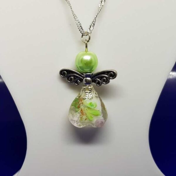 Sterling Silver Water Wave Necklace with Apple Green Guardian Angel