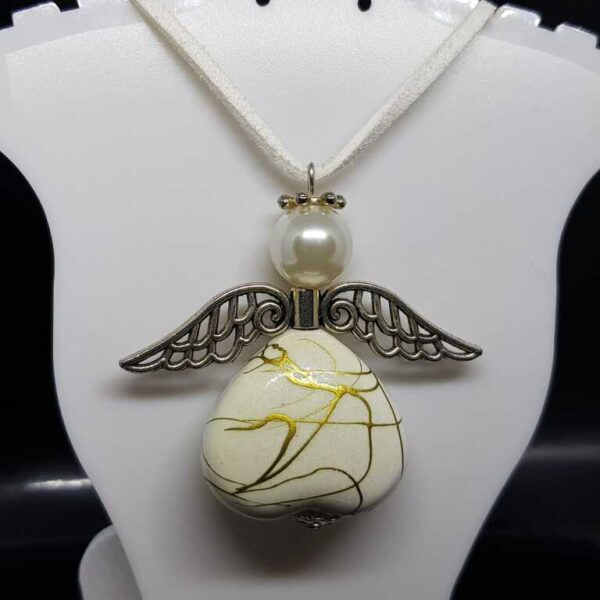 Over Size White Soft Leather Necklace with White and Gold Angel Pendant