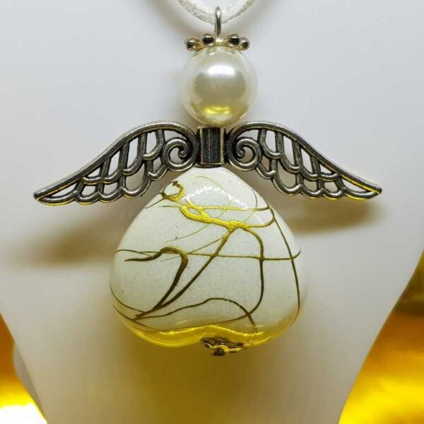 Over Size White Soft Leather Necklace with White and Gold Angel Pendant - Image 2