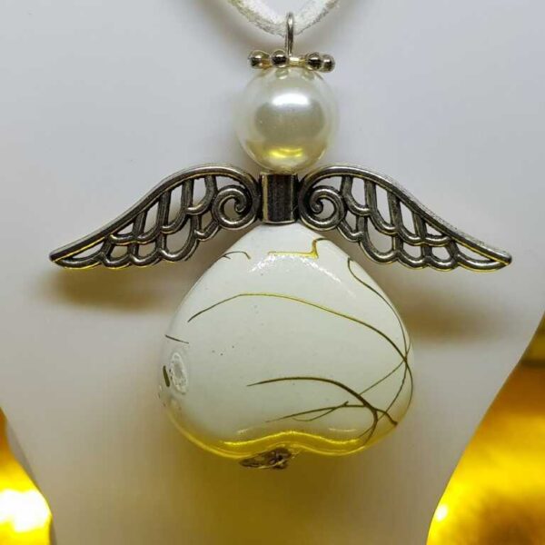 Over Size White Soft Leather Necklace with White and Gold Angel Pendant - Image 3