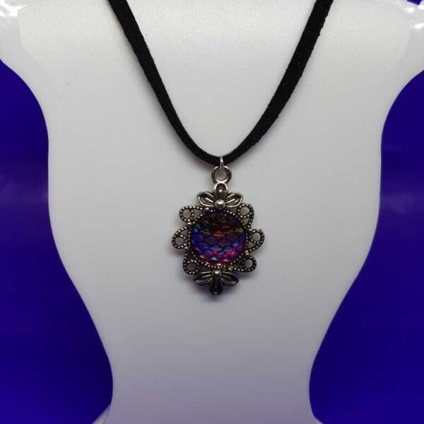 Black Soft Suede Necklace with Mermaid Dragon Scale Silver Coloured Pendant