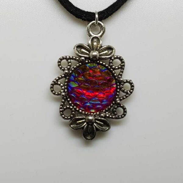 Black Soft Suede Necklace with Mermaid Dragon Scale Silver Coloured Pendant - Image 2