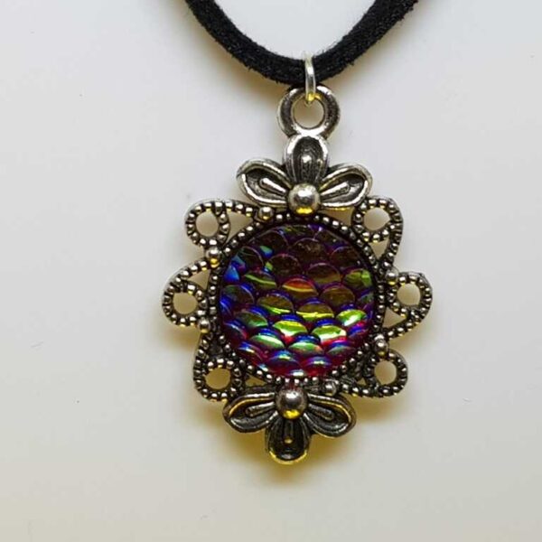 Black Soft Suede Necklace with Mermaid Dragon Scale Silver Coloured Pendant - Image 3