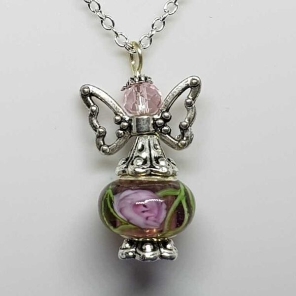 Sterling Silver O Link Necklace with Pink and Purple Guardian Angel - Image 2