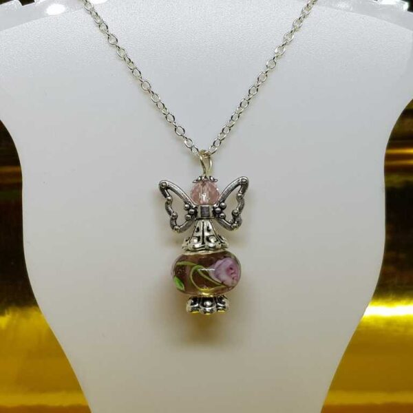 Sterling Silver O Link Necklace with Pink and Purple Guardian Angel