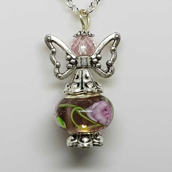 Sterling Silver O Link Necklace with Pink and Purple Guardian Angel - Image 3