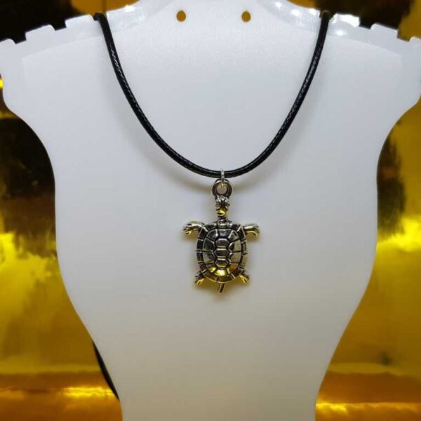 Black Leather Cord Necklace with Silver Coloured Turtle Pendant