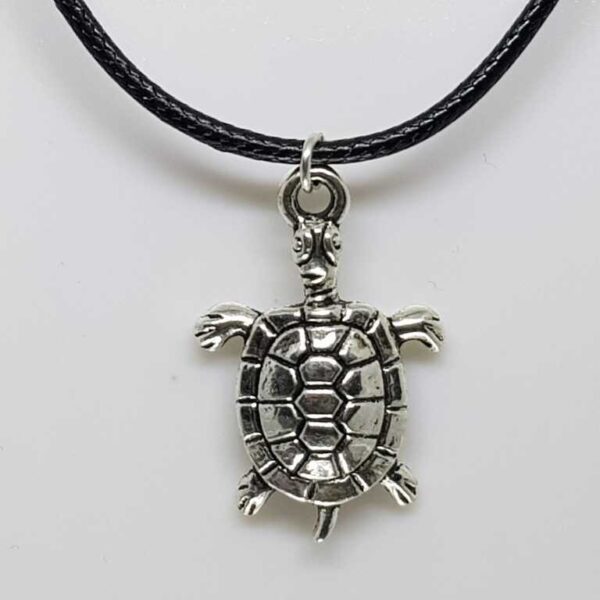 Black Leather Cord Necklace with Silver Coloured Turtle Pendant - Image 2