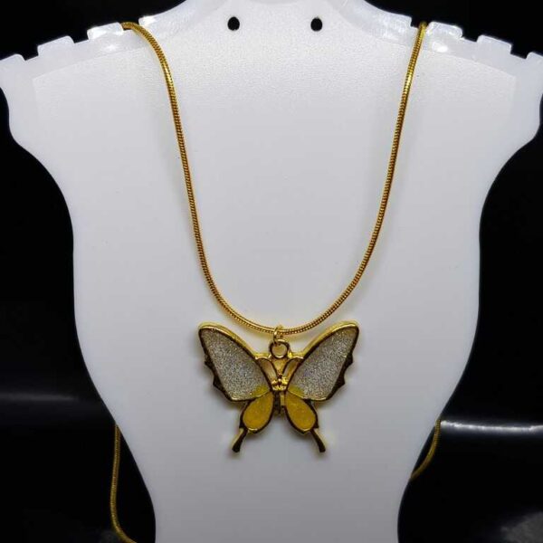 Gold coloured butterfly pendant with glittery yellow and silver coloured wings