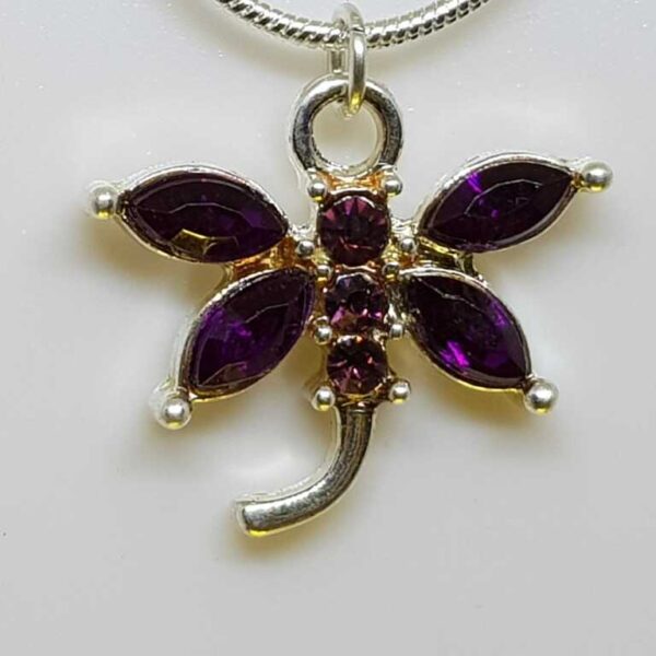 Sterling Silver Snake Chain Necklace with Deep Purple Rhinestone Dragonfly Pendant - Image 2