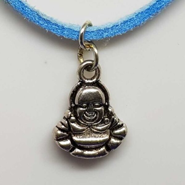 Baby Blue Soft Suede Necklace with Silver Coloured Buddha Pendant - Image 2