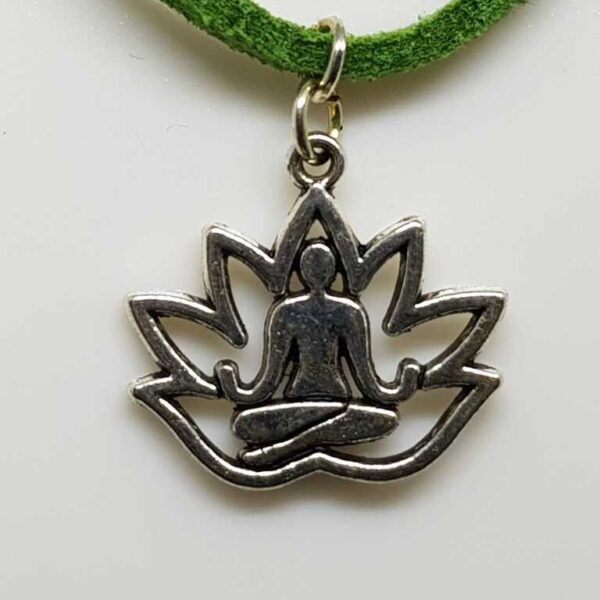 Dark Green Soft Suede Necklace with Silver Coloured Yoga Lotus Meditation Pendant - Image 2