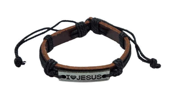 Brown Leather and Black I Love Jesus Adjustable Bracelet