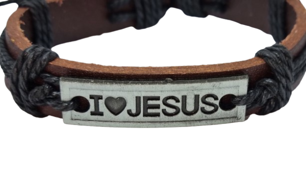 Brown Leather and Black I Love Jesus Adjustable Bracelet - Image 2