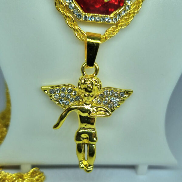 Gold Coloured Double Necklace with Red Praying Hands Pendant and Angel Pendant - Image 4