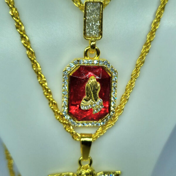 Gold Coloured Double Necklace with Red Praying Hands Pendant and Angel Pendant - Image 5