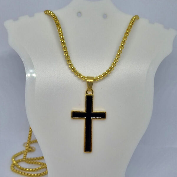 Gold Coloured Round Necklace with Cross and Black Centre - Image 2