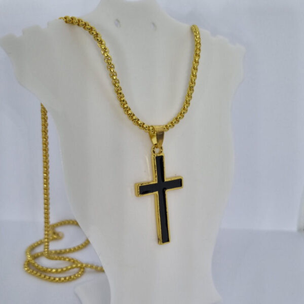 Gold Coloured Round Necklace with Cross and Black Centre - Image 4