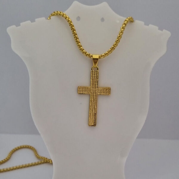 Gold Coloured Round Necklace with Cross and Black Centre - Image 3