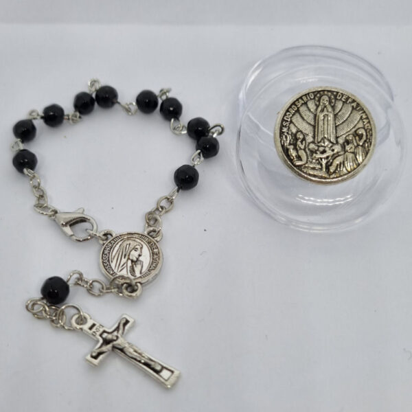 Black Glass Beaded Rosary Prayer Bracelet with Crucifix - Image 2