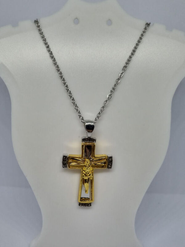 Gold Coloured Necklace with Gold and Silver Coloured Crucifix and Clear Rhinestones