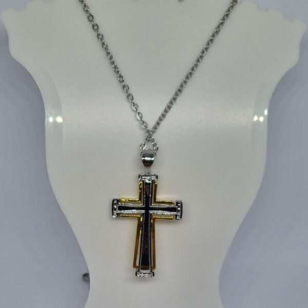 Gold Coloured Necklace with Gold and Silver Coloured Crucifix and Clear Rhinestones - Image 2