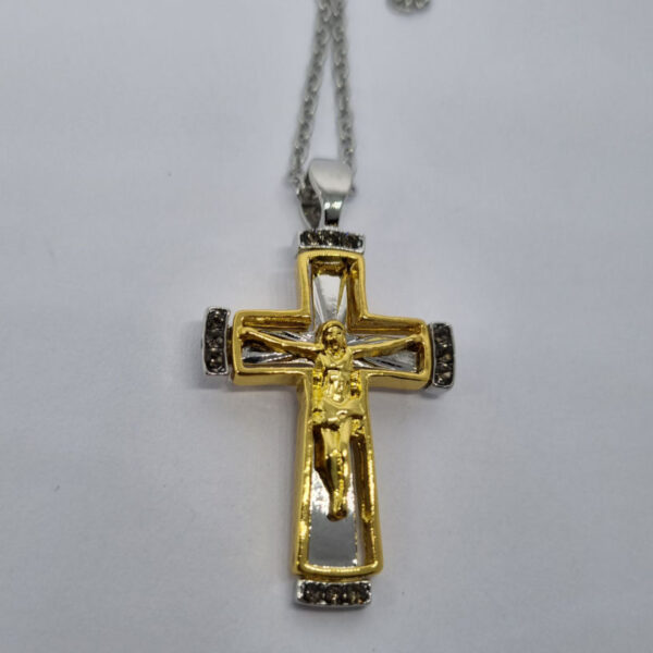 Gold Coloured Necklace with Gold and Silver Coloured Crucifix and Clear Rhinestones - Image 3