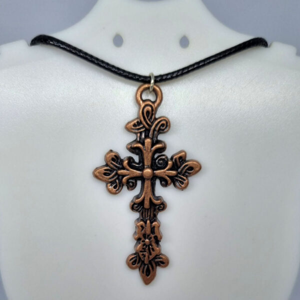 Bronze Coloured Metal Cross on a Black Cord Adjustable Necklace