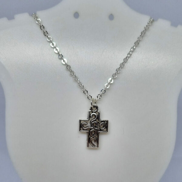 Dainty Silver Coloured Cross with Scroll Detail on a Sterling Silver Necklace