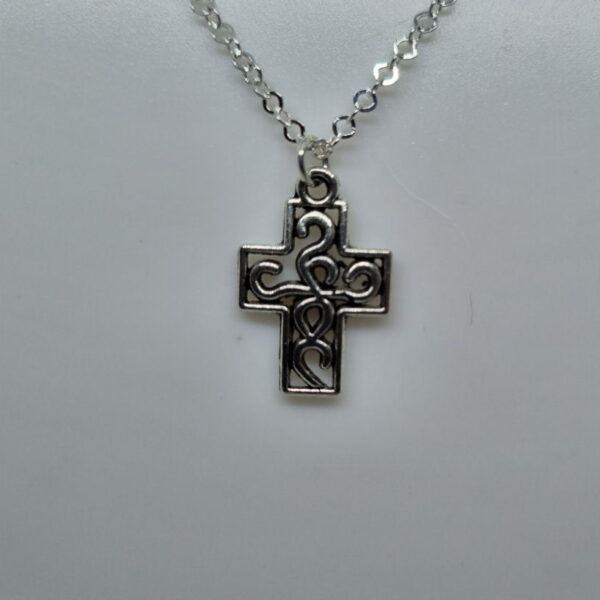 Dainty Silver Coloured Cross with Scroll Detail on a Sterling Silver Necklace - Image 2