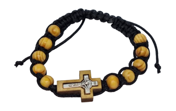 Black Adjustable Tan Coloured Beaded Wooden Cross Bracelet