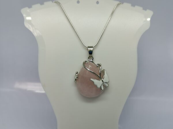 Sterling Silver Snake Chain Necklace with Pink Rose Quartz Tear Drop Butterfly Pendant