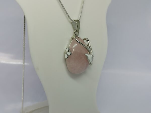 Sterling Silver Snake Chain Necklace with Pink Rose Quartz Tear Drop Butterfly Pendant - Image 2